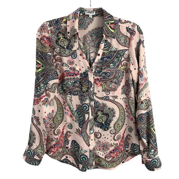 Express Womens Portofino Shirt Top Paisley Print Pink Button Up Down Floral sz S - Picture 2 of 10